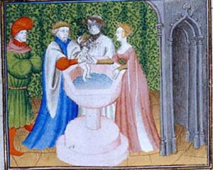 Baptism of Sigebert. His mother is near him.